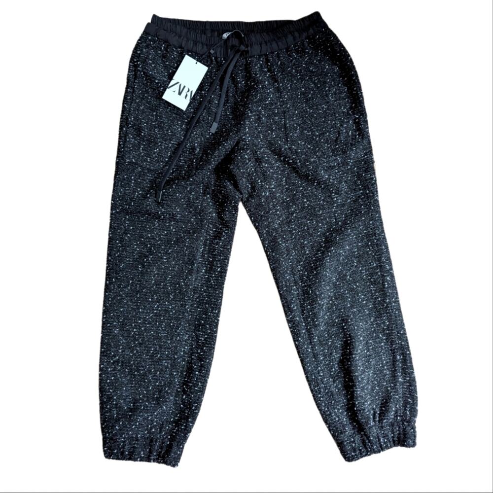Zara Black Tweed High Rise Comfy Warm Drawstring Jogger Pants Size L NWT